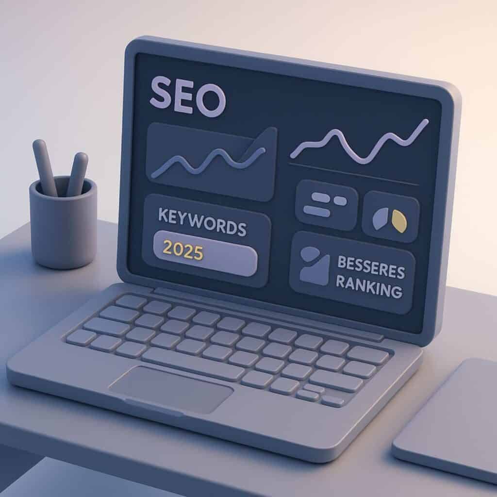 SEO-Dashboard mit Diagrammen, Keyword-Wolke und Performance-Metriken, umgeben von Symbolen für Keywords, Technik, mobile Performance und Backlinks – visualisiert datenbasiertes Google-Ranking 2025.