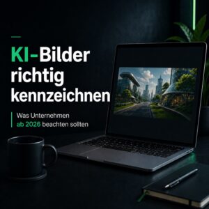 Laptop mit Stadtansicht auf dem Bildschirm, umgeben von Kaffeetasse und Notizbuch, symbolisiert moderne KI-gestützte Bildgestaltung im Marketing.