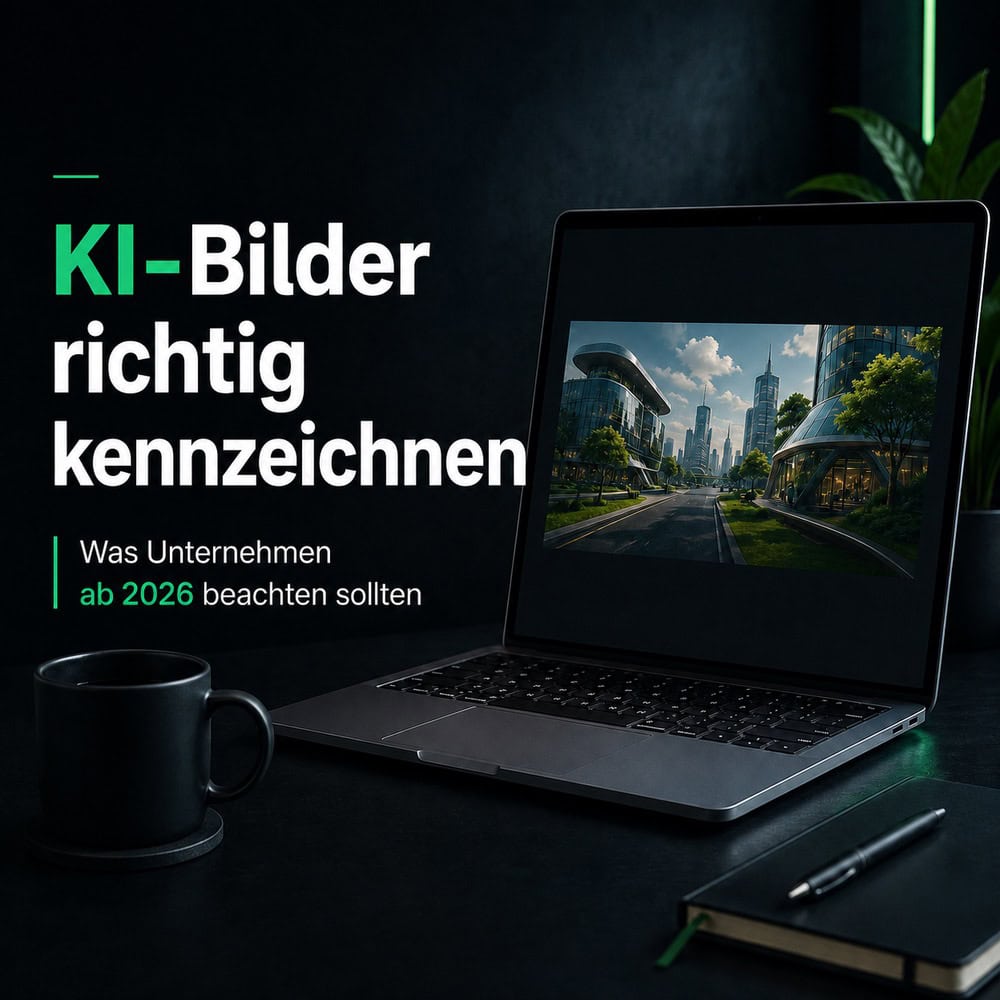 Laptop mit Stadtansicht auf dem Bildschirm, umgeben von Kaffeetasse und Notizbuch, symbolisiert moderne KI-gestützte Bildgestaltung im Marketing.